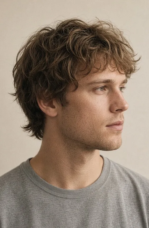 Client before the cut, with overgrown curly hair over the ears