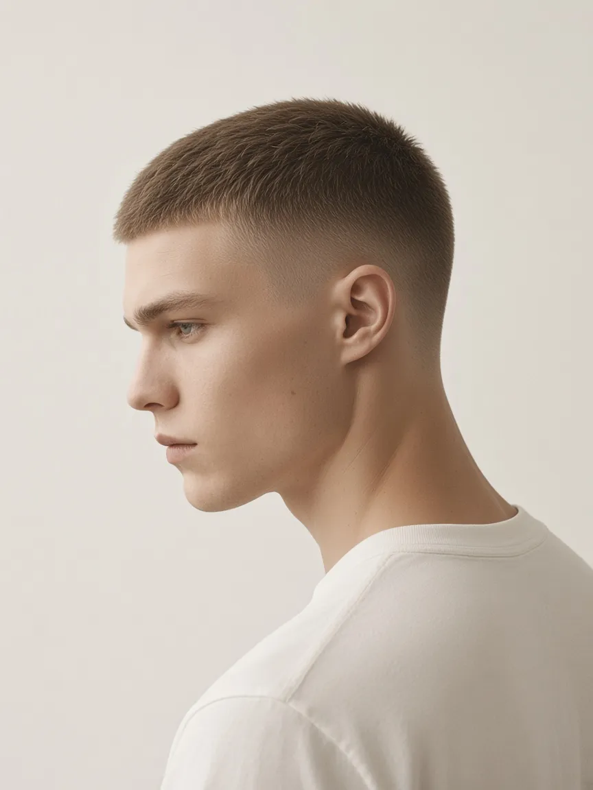 Client with a short buzz cut and faded sides