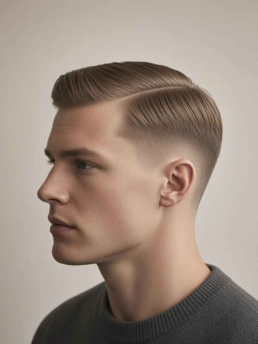 Client with a classic side part and tapered sides
