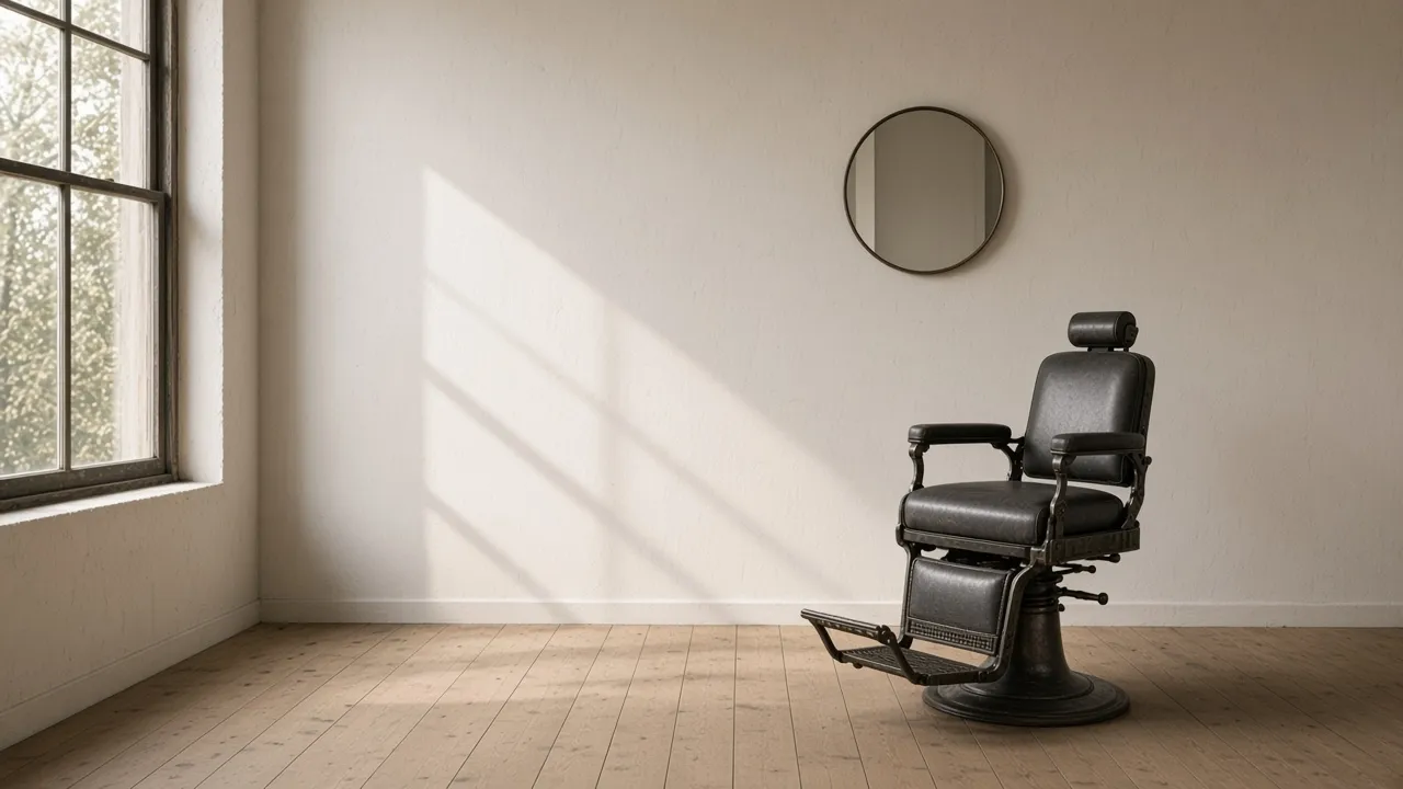 An empty leather barber chair in a quiet, sunlit room
