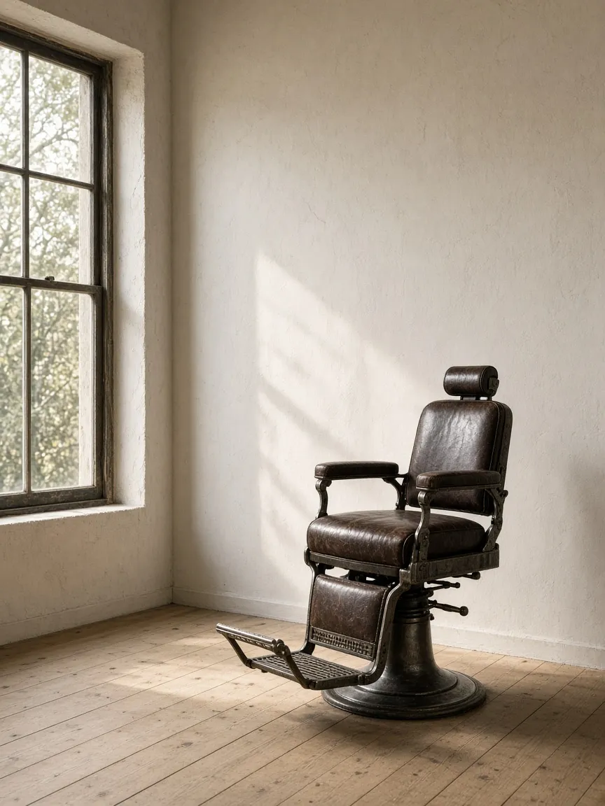 An old leather barber chair by the window