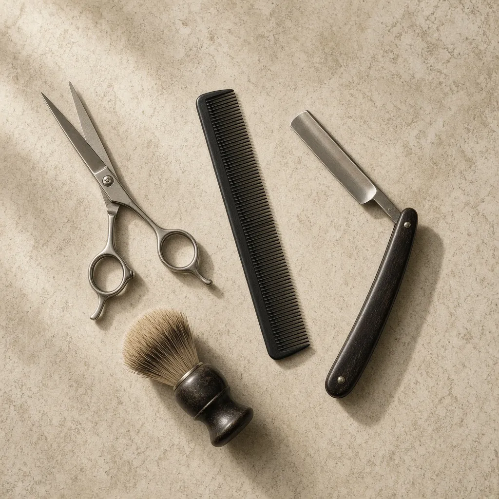 Scissors, comb, straight razor and shaving brush on the counter